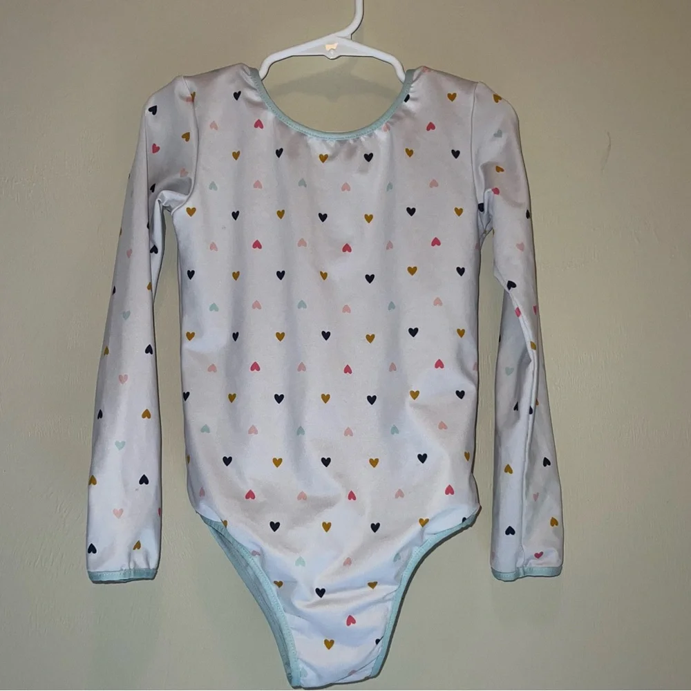 SweetHoney White Leotard with Mint Trim and Multicolor Heart Print